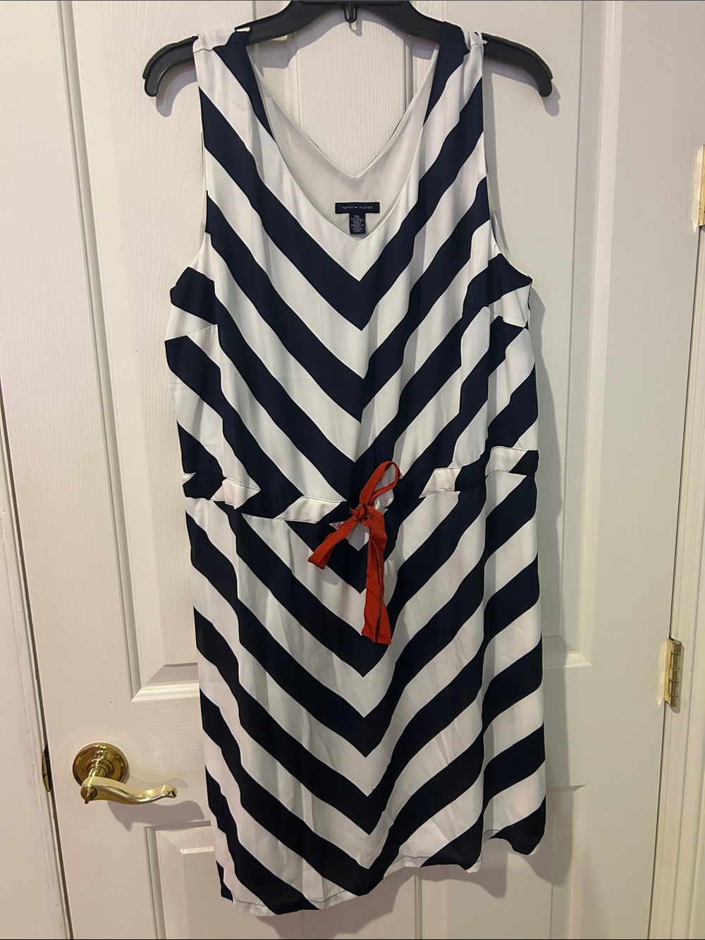 Tommy Hilfiger Navy and White Chevron Midi Dress with Red Tie